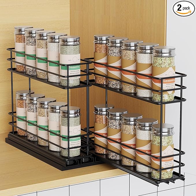 Pull Out Spice Rack Organizer for Cabinet, Slide Out Spice Racks, Easy to Install Spice Cabinet Organizers, 5.28" Wx10.43 Dx8.26 H, 2 Drawers 2 Tiers(Black)