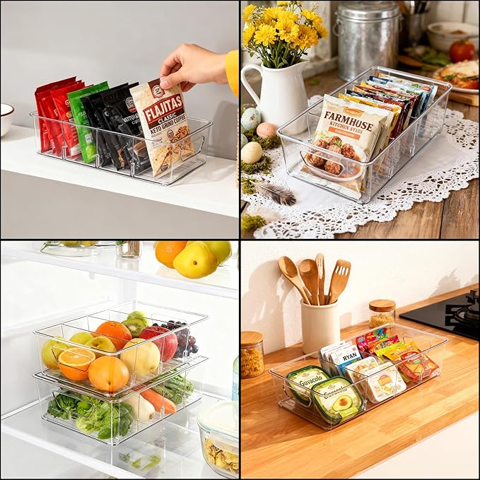 2 Pcs Seasoning Packet Organizer, Seasoning Organizer for Cabinet, Ood Storage Organizer Box with Detachable Dividers Snacks Spice Packets Holder for Kitchen, Pantry, Cabinet, Countertop