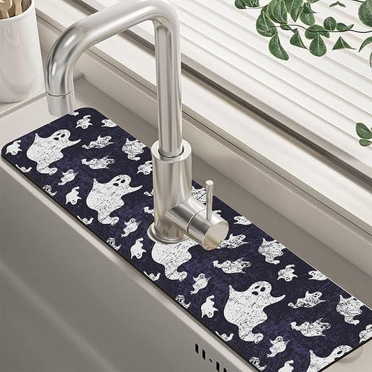 Halloween Vintage Ghost Dish Drying Mat for Kitchen Sink Splash Guard Behind Faucet Sink Mat Absorbent Fast Drying Faucet Draining Mat for Bathroom Kitchen 5.5"×24"