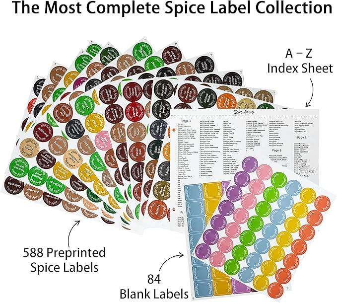 672 Color-Coded Spice Labels with A–Z Index – Waterproof & Oil-Resistant Preprinted Round Stickers for Kitchen Jars – 1.2" Pantry Labels for Spices, Seasonings, and Herbs – Modern Color Style