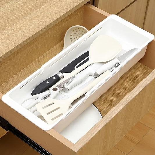 1 Pack Deep Drawer Organizer Bins, Sliding Drawer Organizer Bin Expandable and Adjustable Tray for Kitchen Utensils, Towels, BBQ Tools, Durable Plastic Sliding for Easy Storage (17.4-27.6")