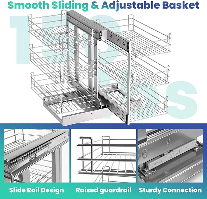 15" W Blind Corner Cabinet Pull Out Organizer, 3 Tier 6-Basket Sliding Cabinet Shelves, Slide Out Storage, Corner Cabinets Shelf for Blind Corner Kitchen/Bathroom Cabinets, Easy to Install&Maintain