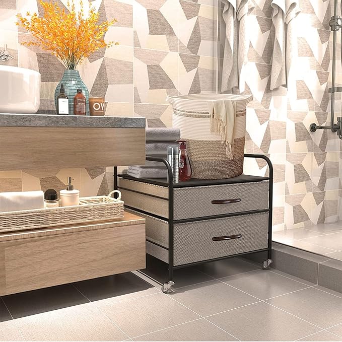 Mini Fridge Stand, Fridge Stand with Storage, 2 Drawer Fridge Cart, Organizer Unit for Mini Fridge, Fridge Stand with Metal Frame and Fabric Drawers, Mini Fridge Table with 4 Swivel Wheels