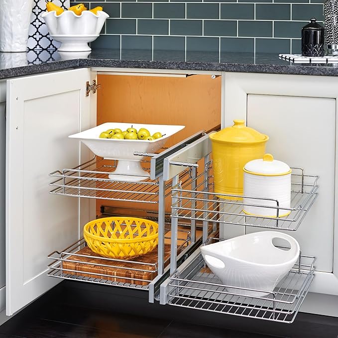 Rev-A-Shelf Chrome Two-Tier Wire Bottom Optimizer w/Soft-Close for 15" Blind Corner Cabinet Openings, Storage Organizer with 4 Shelves, 5PSP-15SC-CR