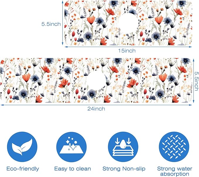 Watercolor Red and Blue Flowers Sink Faucet Absorbing Mat Sink Splash Guard Faucet Mat Draining Mat Fast Drying Sink Protectors for Kitchen and Bathroom 5.5"×24"