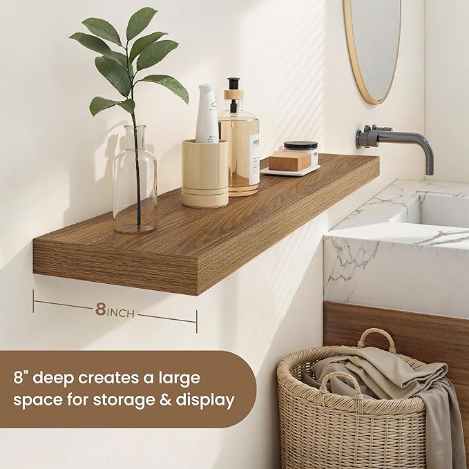 Dreamland 24 Inches Floating Shelves for Wall, 8" Deep Long Floating Shelves Set of 2, Large Display & Storage Shelf, Wall Shelf for Bathroom Bedroom Living Room Kitchen Office, Walnut