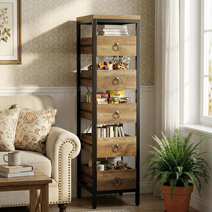 Kitchen Fruit Vegetable Storage Rack, 5-Tier Narrow Snack Fruit Display Stand with 5 Pull-Out Drawers Basket, Utility Organizer Standing Shelf for Kitchen Living Room Bathroom Supermarket, Brown