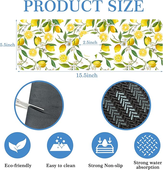 Lemon Fruit Faucet Mat Splash Guard Flower Leave Lemon, Soft Diatom Mud Material, Strong Water Absorption, Non-slip,Easy to Clean for Bathroom, Kitchen 15"X5.5"