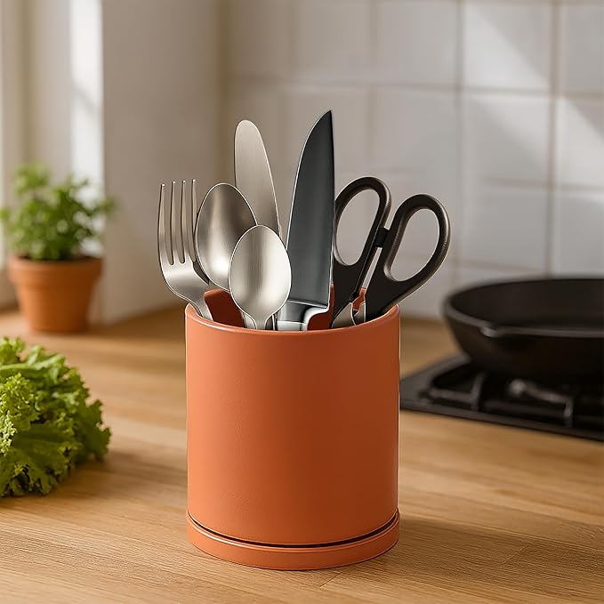 D'vine Dev 360° Rotating Utensil Holder – 5" Kitchen Utensil Crock for Countertop, Modern Cooking Tool Organizer for Kitchen Storage & Décor, Set of 2, Pumpkin, 72-Y-E-1