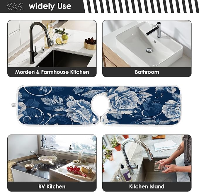 2 PCS Kitchen Sink Splash Guard 23.6 Inch Faucet Mat for Kitchen Sink Bathroom Sink Faucet Absorbing Drip Drain Mat Pad Microfiber Soft Washable Navy Blue Roses and Butterflies