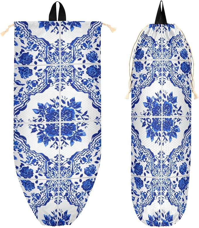 Plastic Bag Holder Wall Mount Grocery Bag Shopping Bag Storage Holder Organizer Dispenser with Adhesive Hook,for Kitchen Bathroom Home Decor 9x22 Inches Flowers Blue and White Geometric11