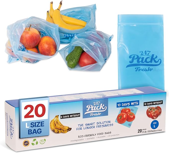 Freshpack 247 Food Bags – Tear-Off Bags on a Roll, Reusable, Ethylene Absorption Helps Keep Food Fresh up to 3× Longer – Biodegradable, BPA-Free, UV-Shielded, SGS Tested (Large)