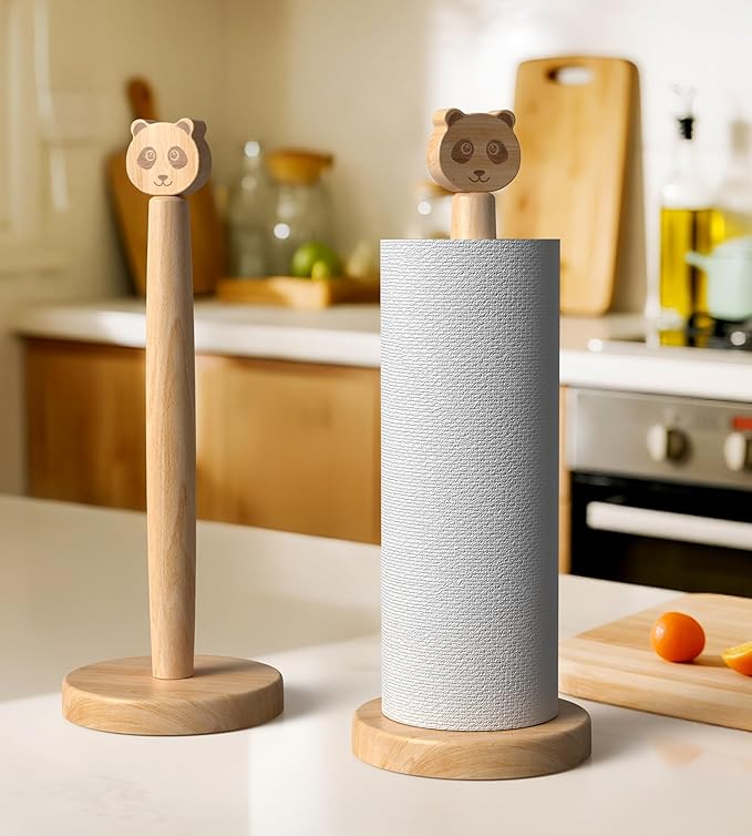 KitchLife Cute Wooden Paper Towel Holder Countertop - Solid Freestanding Paper Towel Dispenser Stand Organizer with Anti-Skid Base (Panda)