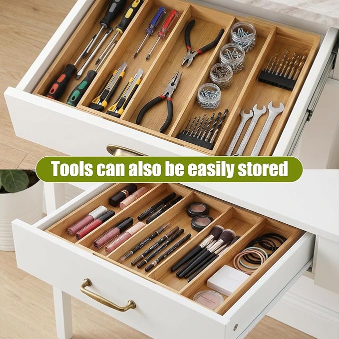 Bamboo Expandable Kitchen Drawer Organizer, 13.4" to 20.5" Adjustable Flatware Tray for Utensils, Kitchen Tool Drawer Divided Organizers, Bamboo Silverware Organizer, Cutlery Tray