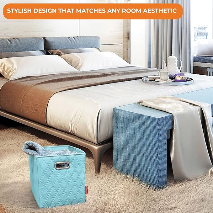FH Group JIAessentials 13" Faux Leather Foldable Storage Cube Bins Set of 2 – Blue Diamond Patterned Organizers with Handles for Closet & Shelves