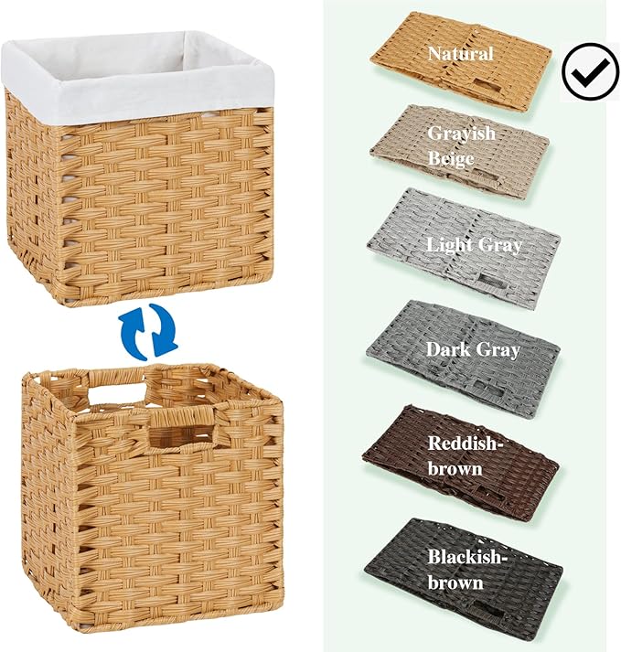 Bidtakay Wicker Storage Baskets with Liners 11x11 Storage Cube Bins Woven Basket with Imitation Water Hyacinth 2-Pack Waterproof Woven Storage Bins for Organizing Rattan Baskets Organizer-Natural