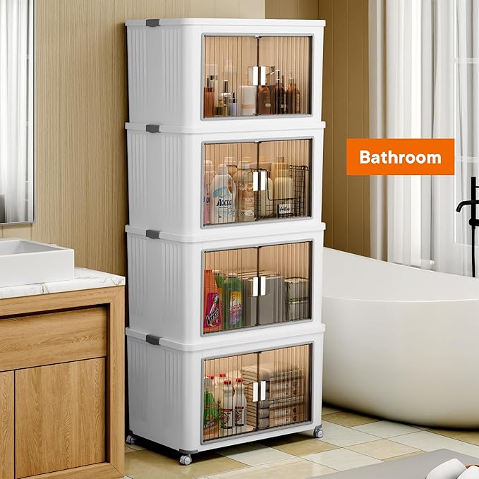 3 Tier 324 Qt Plastic Storage Bins and Boxes Organizer - Stackable Storage Bins with Lids for Bedroom, Bathroom, Laundry Room, Living Room, Office, Camping - Foldable Containers