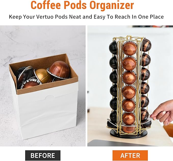 35 Coffee Pods Holder - Golden - 360° Spinning Coffee Pod Carousel Stand | Holds 35 Capsules | Compact Countertop Organizer with Silent Rotation, Durable & Modern
