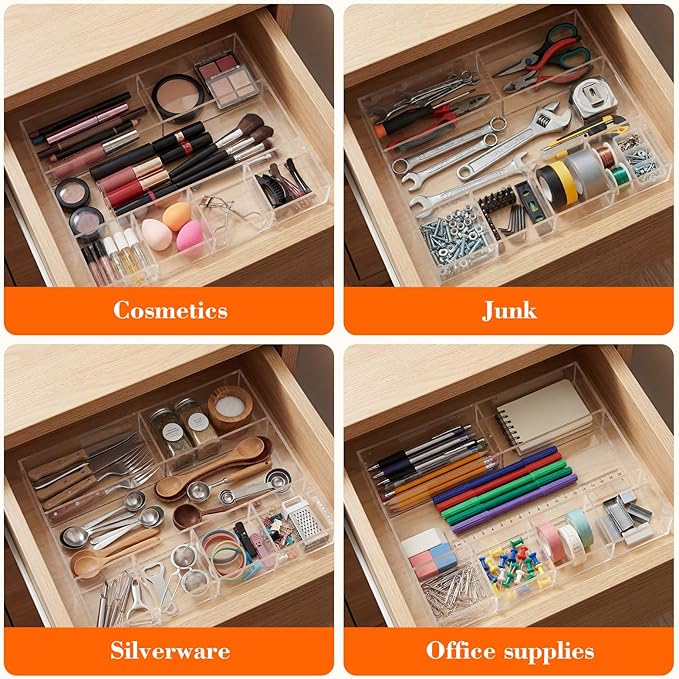 Clear Acrylic Desk Drawer Organizer Storage Tray Organizer for Pens, Stationery, Desktop, Office, Bathroom, Kitchen, Makeup Supplies(7 Compartments)