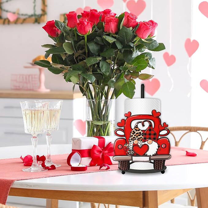 JarThenaAMCS Valentine's Day Paper Towel Holder Gnome Truck Kitchen Decor Accessories Large Metal Towel Holder Stand for Home Bathroom Countertop