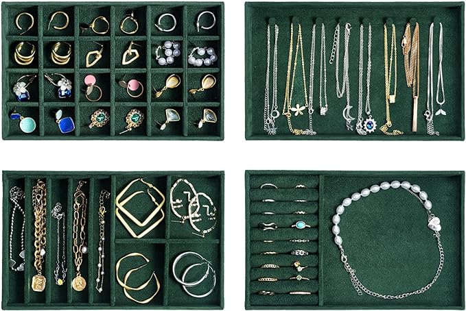 ProCase Stackable Jewelry Organizer Trays for Drawers, Jewelry Drawer Inserts Container Display Case Storage for Earring Necklace Rings Bracelet with Removable Dividers -Green, 4 Layers