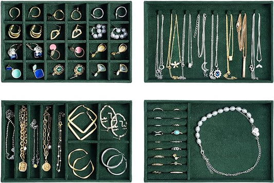 ProCase Stackable Jewelry Organizer Trays for Drawers, Jewelry Drawer Inserts Container Display Case Storage for Earring Necklace Rings Bracelet with Removable Dividers -Green, 4 Layers