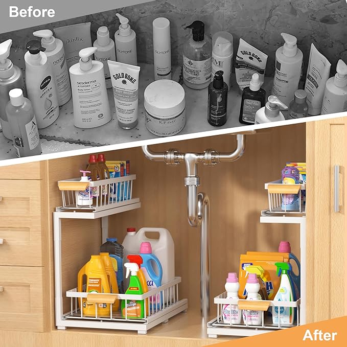 Under Sink Organizer, Pull Out Cabinet Organizer 2 Tier Slide Out Sink Shelf Cabinet Storage Shelves,Kitchen & Bathroom Organizers,Metal (White, 1 Pack-14.6 * 10.6 * 16.5in)