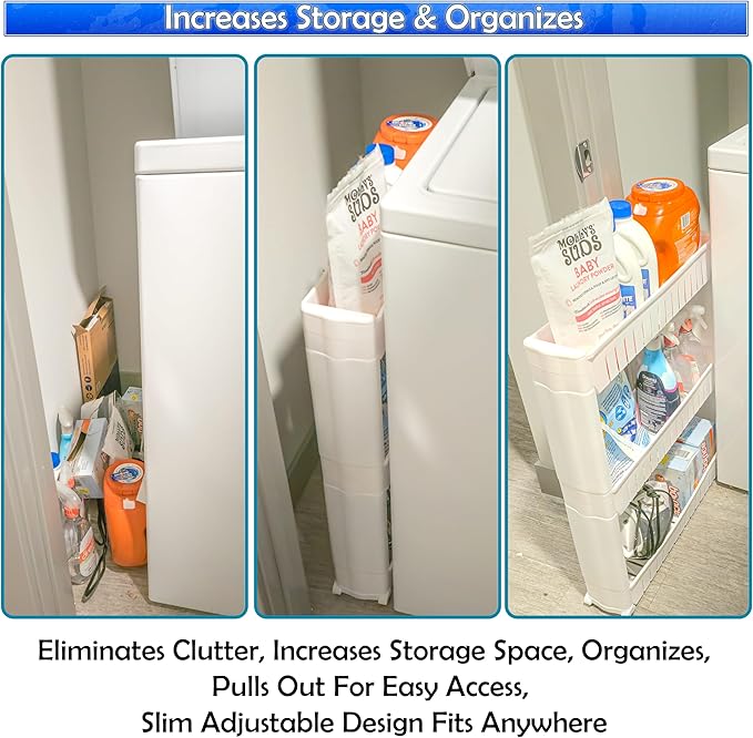 Slim Rolling Storage Cart for Bathroom and Laundry Room Organization - Narrow Space-Saving Mobile Shelving Utility Cart - Versatile Tier Design