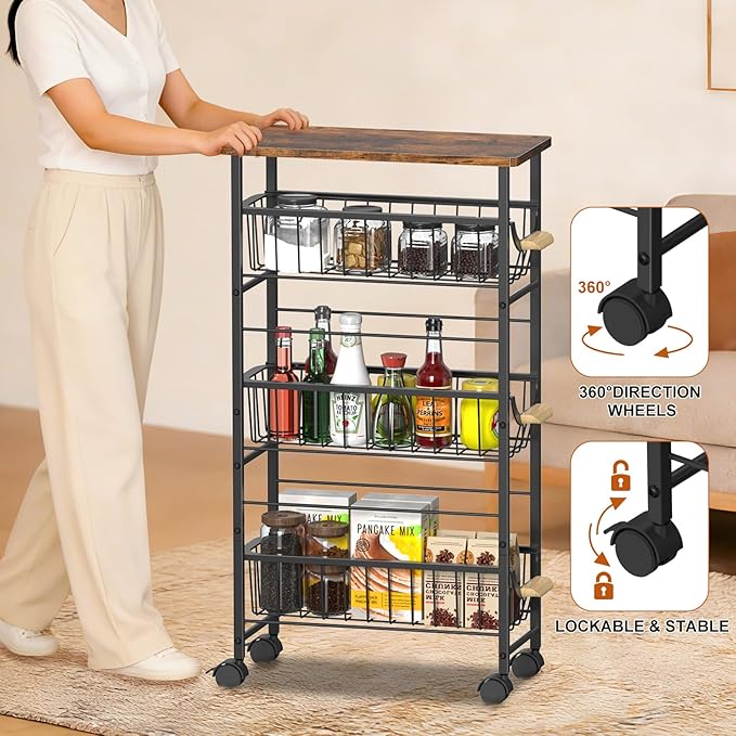 4-Tier Slim Rolling Cart with Pull-Out Baskets & Wooden Top — Narrow Mobile Storage Organizer, Multipurpose Utility Cart with Handle for Small Spaces, Kitchen, Bathroom, Laundry Room, Office, Brown