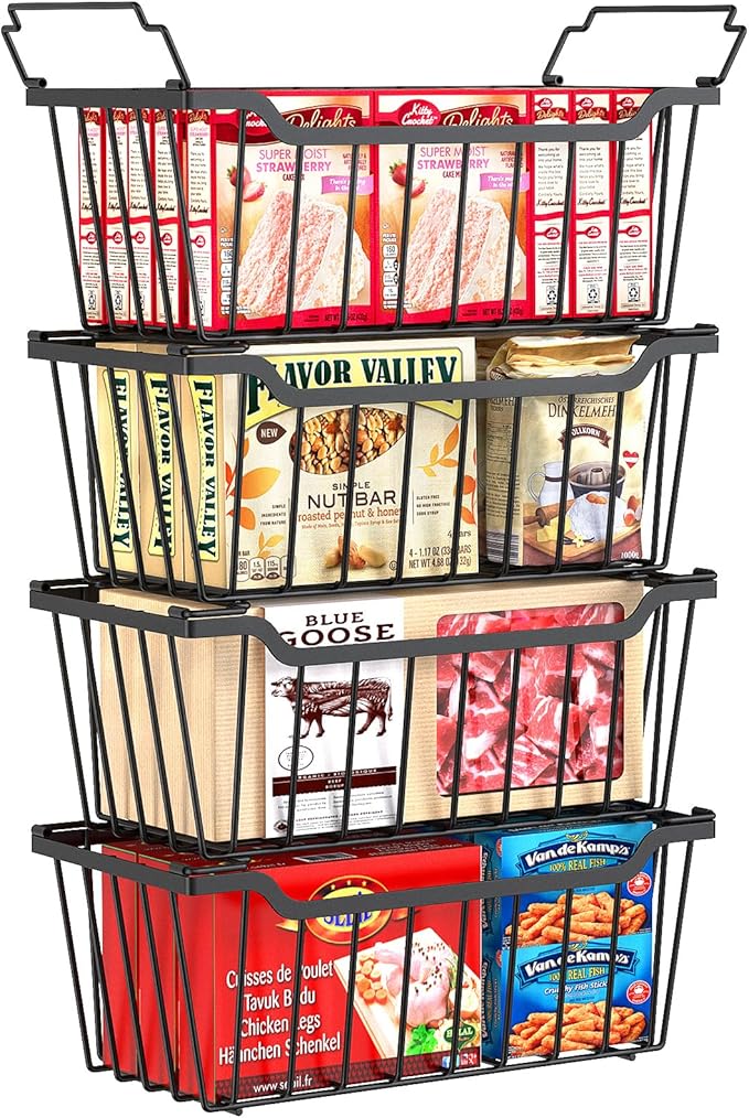 Freezer Organizer Bins, 4 Pack Stackable Chest Freezer Organizer for 5-7 Cu.FT Deep Freezer Sort Frozen Meats and Food, Freezer Storage Baskets with Handles Easy Reach from Bottom, Black