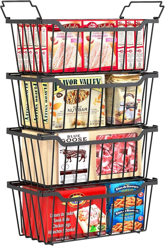 Freezer Organizer Bins, 4 Pack Stackable Chest Freezer Organizer for 5-7 Cu.FT Deep Freezer Sort Frozen Meats and Food, Freezer Storage Baskets with Handles Easy Reach from Bottom, Black