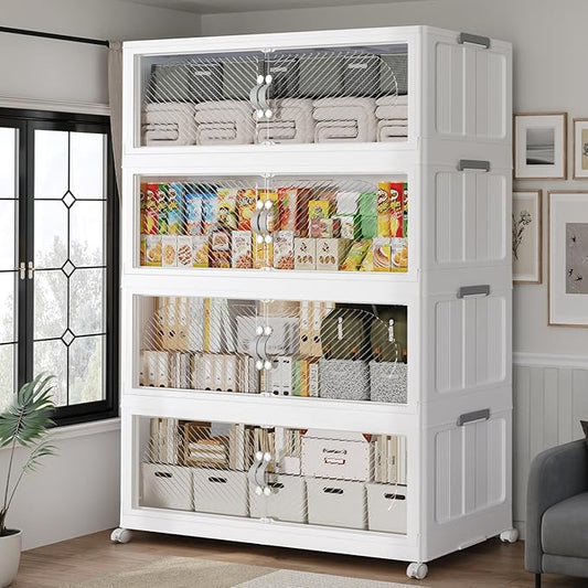 640QT Extra Large Stackable Storage Bins with Lid, 160Gal Plastic Closet Organizers and Storage Drawer, Collapsible Cabinet Box with Wheels Clear Doors for Home Kitchen Office, 4Pack White