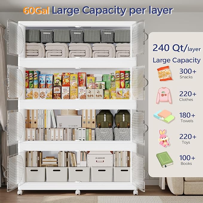 180Gal/720QT 3-Tiers Extra Large Stackable Storage Bins with Lid, Collapsible Cabinet Closet Organizer Plastic Container Box with Wheels Doors Drawers for Office Dorm Kitchen Office, White