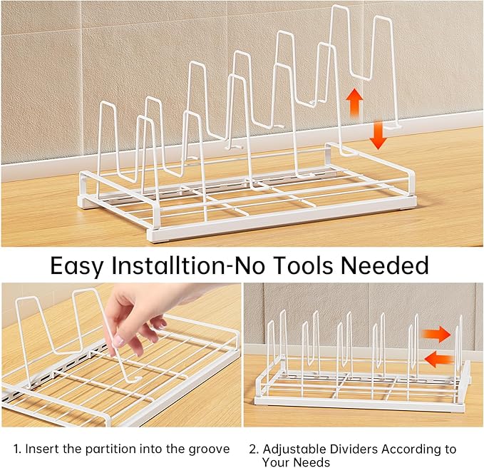 Food Container Lid Organizer for Cabinet,with 6 Adjustable Dividers Detachable,Metal Pot Lid Organizer Rack Storage Plastic Lids Pots Bakeware for Cabinets, Cupboards,Pantry, Drawers (White)
