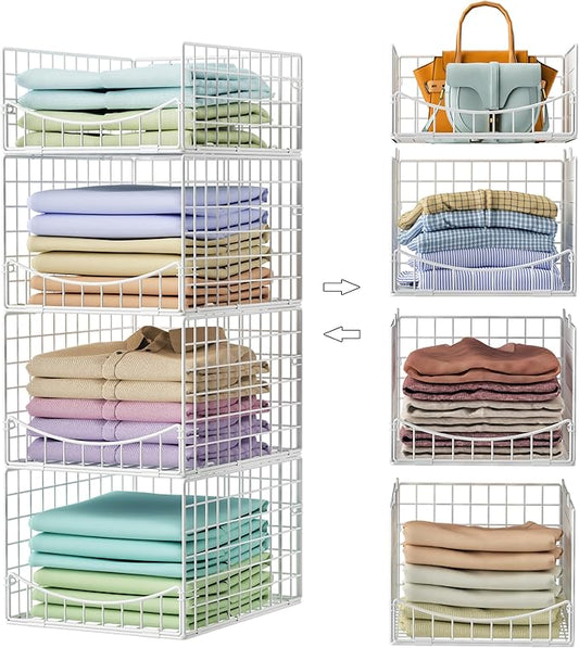 4-Tier Stackable Closet Organizers and Storage Shelves, Foldable & Mutifunctional Clothes Storage Basket Sweater Organizer Bins Container for Wardrobe Kitchen Office Bathroom, White