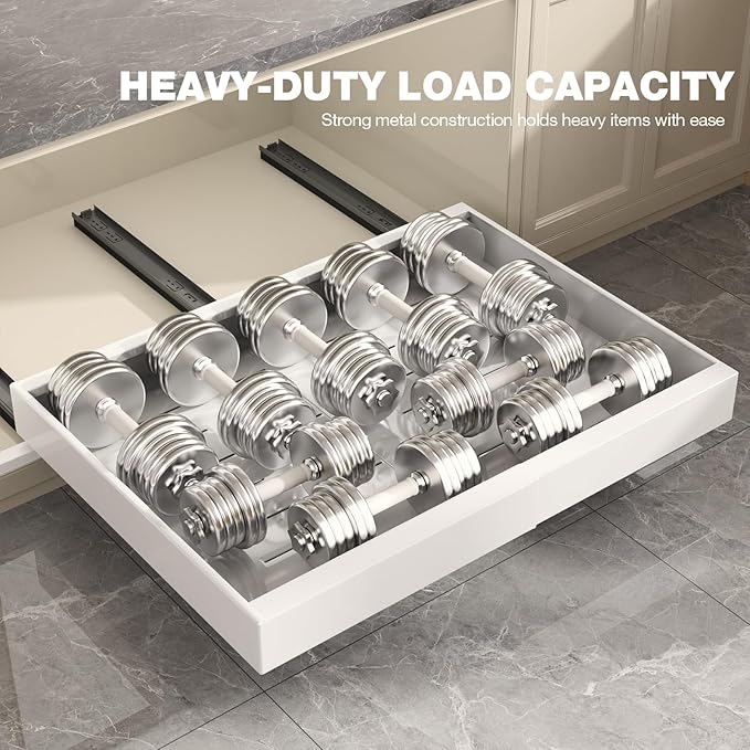 4 Pack Pull Out Cabinet Organizer 21" Deep,Full Extension 3 Slide Rails Slide Out Drawers With Raising Pad for Framed Cabinets,Expandable Width (15.4"-26.2"),No Drill Roll Out Shelves,White