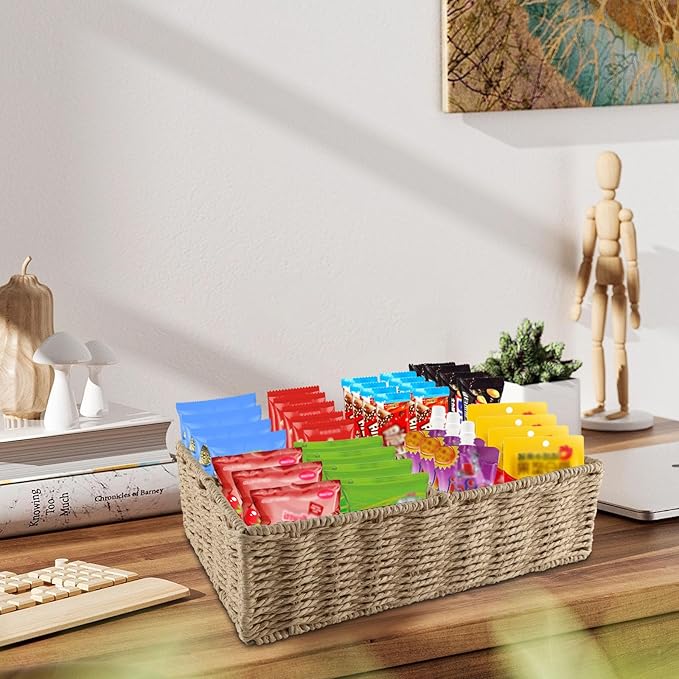 Snack Bar Station Organizer,Pantry Organizers and Storage Bins,Hand-Woven Snack Basket for Countertop,4 Compartments Snack Display Box Candy,Drink Packet,Chips,Spice Organizer,Natural Color