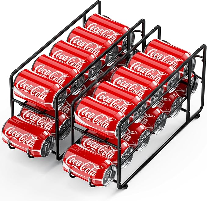 Soda Can Organizer Storage Rack, 2 Pack Stackable Beverage Soda Can Dispenser Organizer Holder for Refrigerator, Cabinet, Pantry (Black)