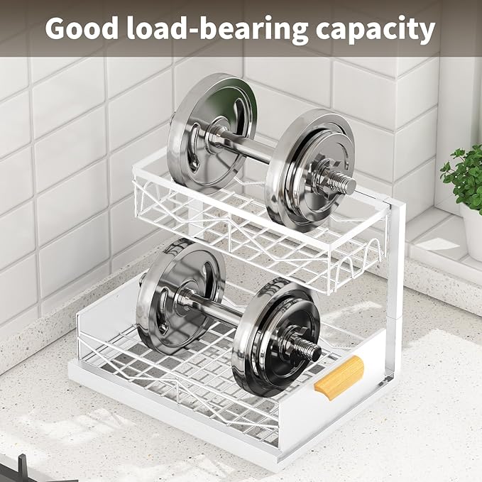 CHIKESI Under Sink Organizer - 2 Tier Pull Out Cabinet Organizer with Sliding Drawers, Adjustable Metal Storage Shelf for Kitchen & Bathroom, Space Saving Storage Solution (White, 1-Pack)