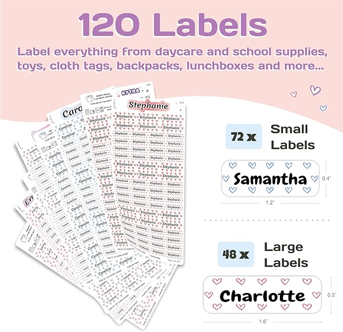 KYTRA Personalized Name Labels for Kids 120 Stickers for Daycare & School Supplies, Clothes, Toys, Lunchboxes and More - Waterproof, Laundry, Dishwasher & Microwave Safe, Made in USA (Sweetie Hearts)