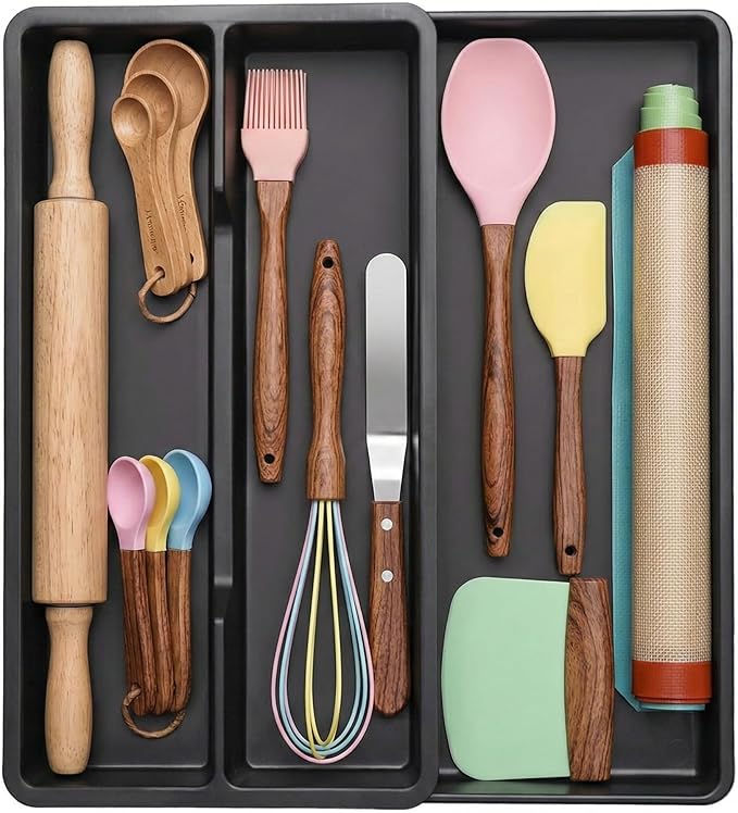 Expandable Utensil Drawer Organizer, Adjustable Silverware Tray for Kitchen Drawer, Cutlery & Flatware Holder with 3 Compartments, Black