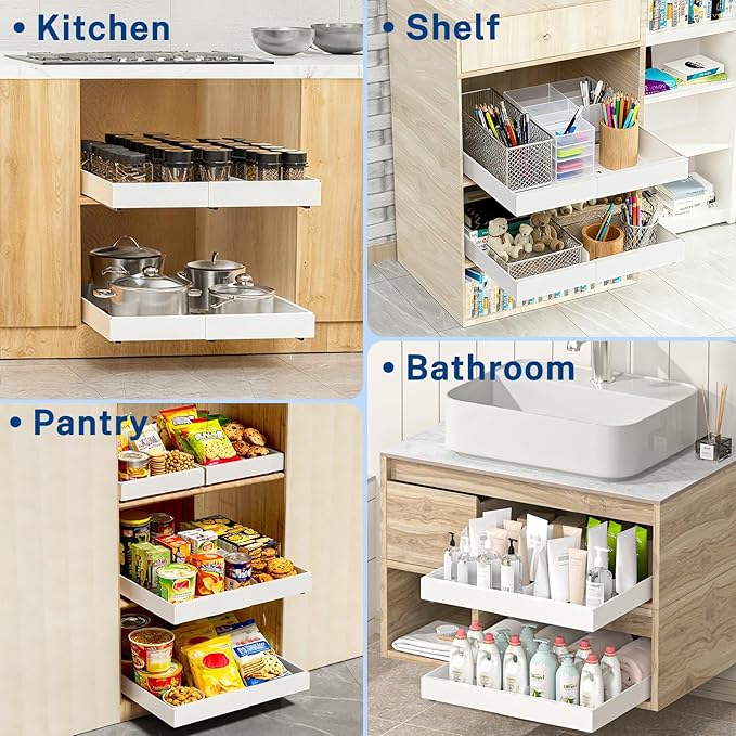 Insputer Pull Out Cabinet Organizer Expandable Width(12.2"-20.47") & 21" Deep, Slide Out Drawers for Kitchen, Pantry with Magnetic Panel, Upgrade 3 Slide Rails, No Drill Adhesive Roll Out Shelf White
