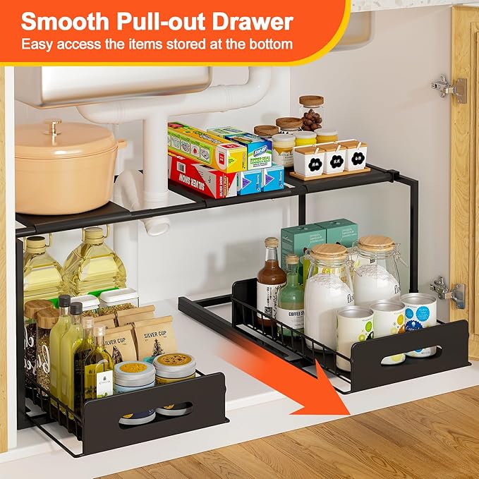 REALINN Extendable Under Sink Organizer, 2 Tier Pull Out Under Cabinet Organizer Shelf, Black Expandable Storage