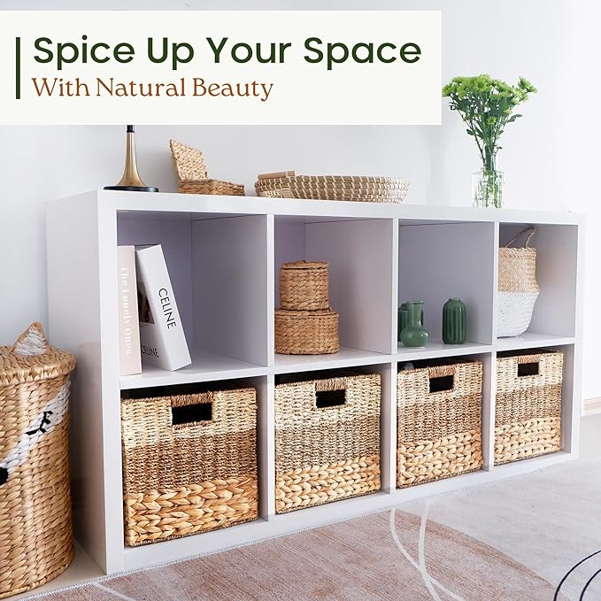 CHI AN HOME 13x13x13 Storage Cube Bins Wicker Storage Basket for Cube Shelf, Natural Foldable Square Baskets for Storage, Large Woven Cube Storage Bin with Handle, Baskets for Pantry, Bedroom Set of 4