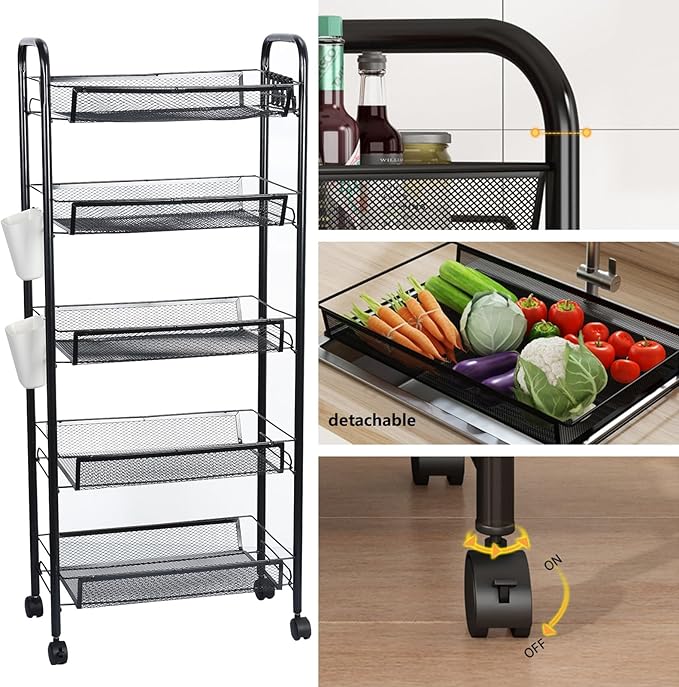 Fruit Vegetable Basket Storage Cart 5 Tier Snack Cart Stackable Metal Mesh Vegetable Organizer with 360 Degree Wheels 41 Inch High for Kitchen Bathroom Pantry Organizers and Storage Black