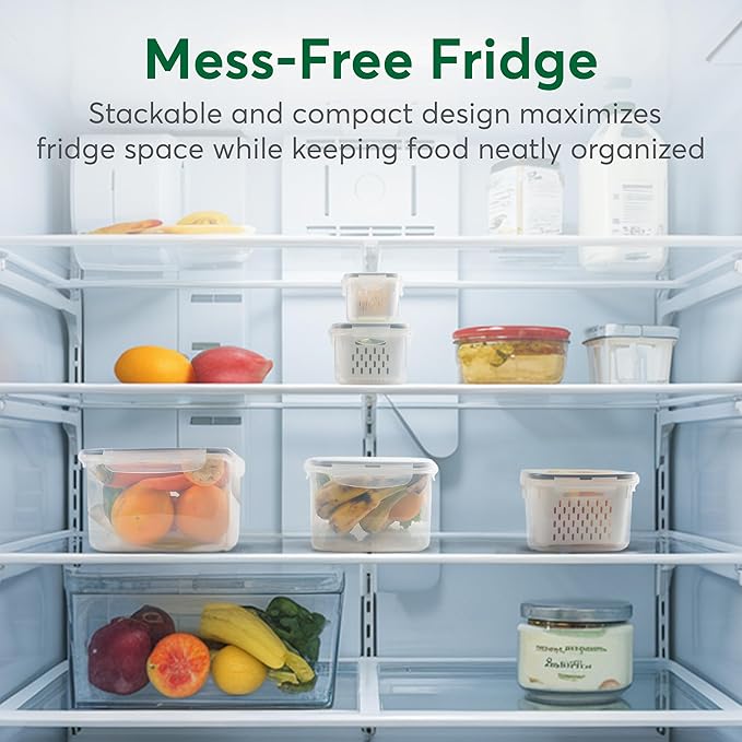 BreezyHome 5 Set Fruit Storage Containers for Fridge with Colanders Dishwasher Safe, Leakproof Fruit and Vegetable Storage BPA-Free Plastic, Produce Storage Keep Berry Fruit Veggie Meat Fresh