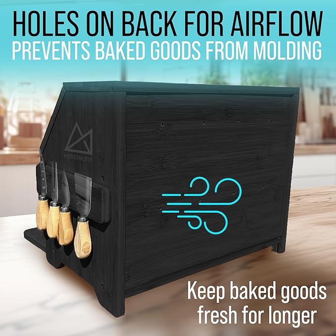 Extra Large Bread Box with Cutting Board & Knife Set | 7 Piece Set | Bamboo Breadbox | Bread Boxes for Kitchen Countertop | Bread Storage Container| Assembly Required (New Black)