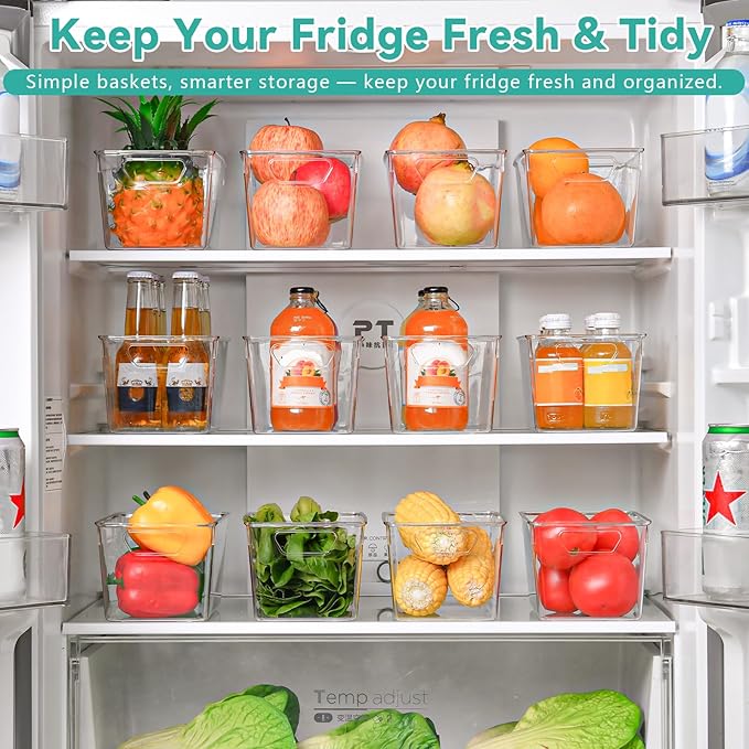 12 Pack Clear Plastic Storage Bins, Multi-Use Pantry Organizer and Storage Containers, Fridge Organizer Bins with Handles for Kitchen, Cabinet, Snack and Refrigerator Organization