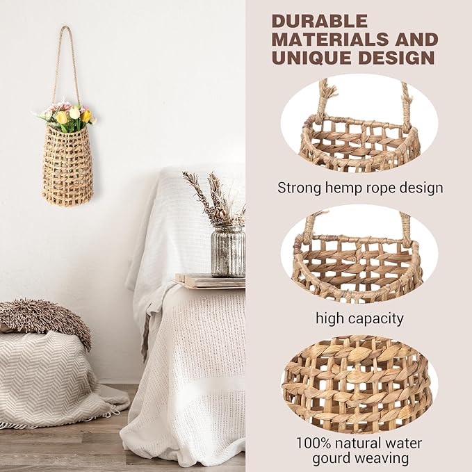 Woven Wall Hanging Basket, Boho Front Door Pocket Basket Open Weave Water Hyacinth Wall Farmhouse Decor Storage Organizer for Home Garden Pantry Kitchen