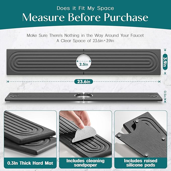 eormoe Kitchen Sink Splash Guard – Stone Diatomite Faucet Drying Matt, Modern Kitchen Sink Accessories for Countertop (Dark Grey, 23.6"x3.9")